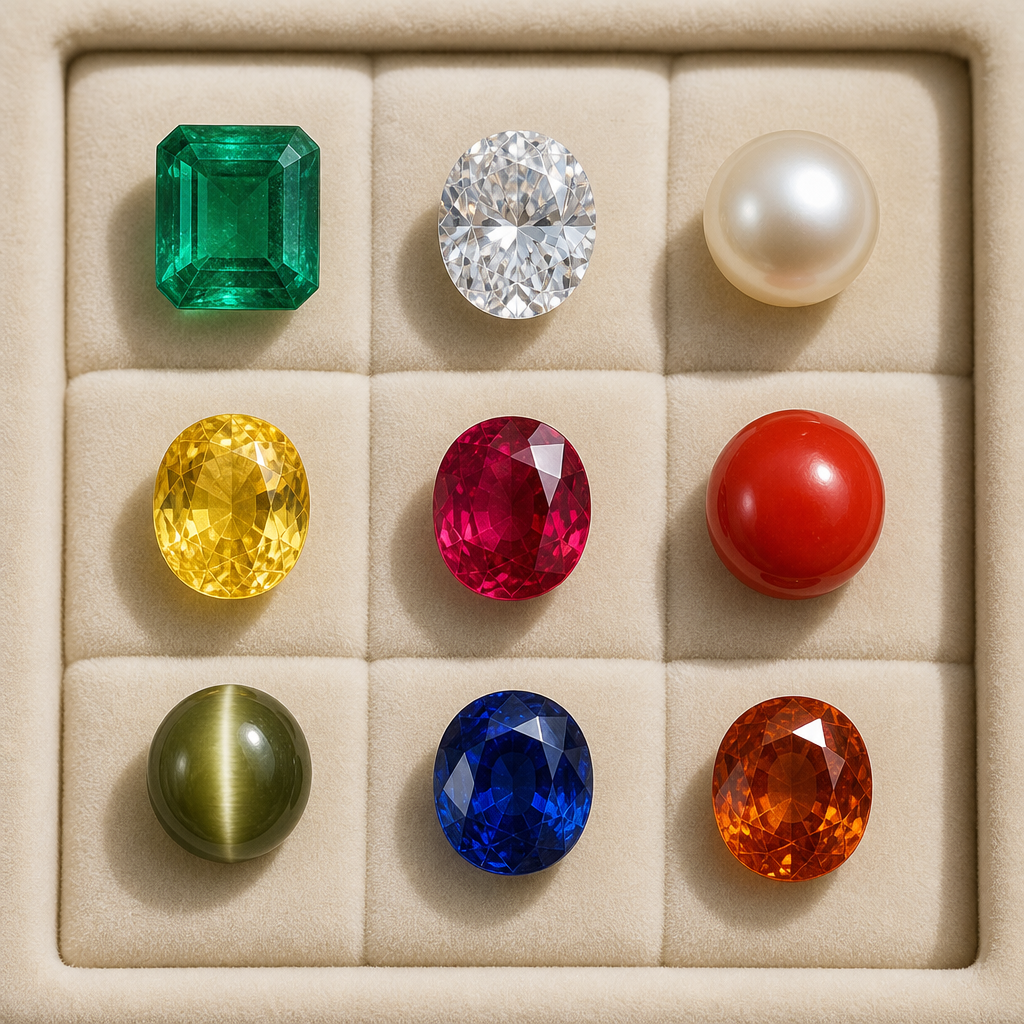 Navratna astrology gemstones grid showing Emerald, Diamond, Pearl, Yellow Sapphire, Ruby, Coral, Cat's Eye, Blue Sapphire and Hessonite